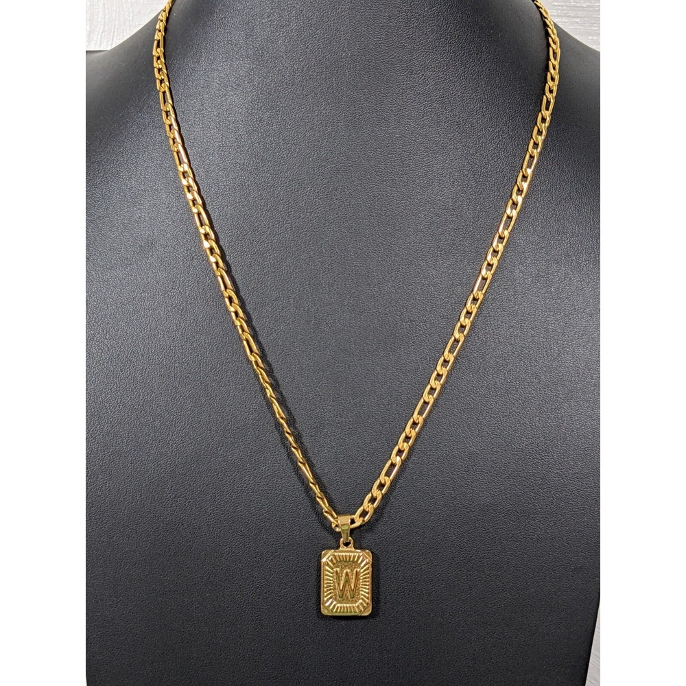 Initial W Pendant Necklace Gold Figaro Chain Joycuff Stainless Steel 22 in